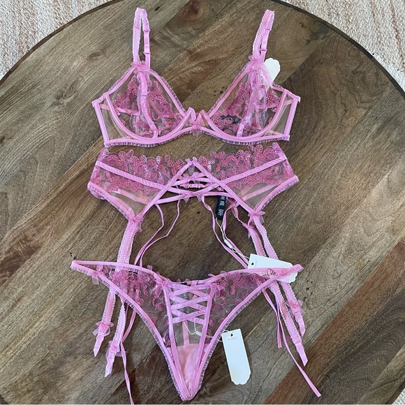 For Love And Lemons Other - NEW For Love & Lemons Mauve Pink Grace Lingerie Set XL Bra Thong Garter Belt